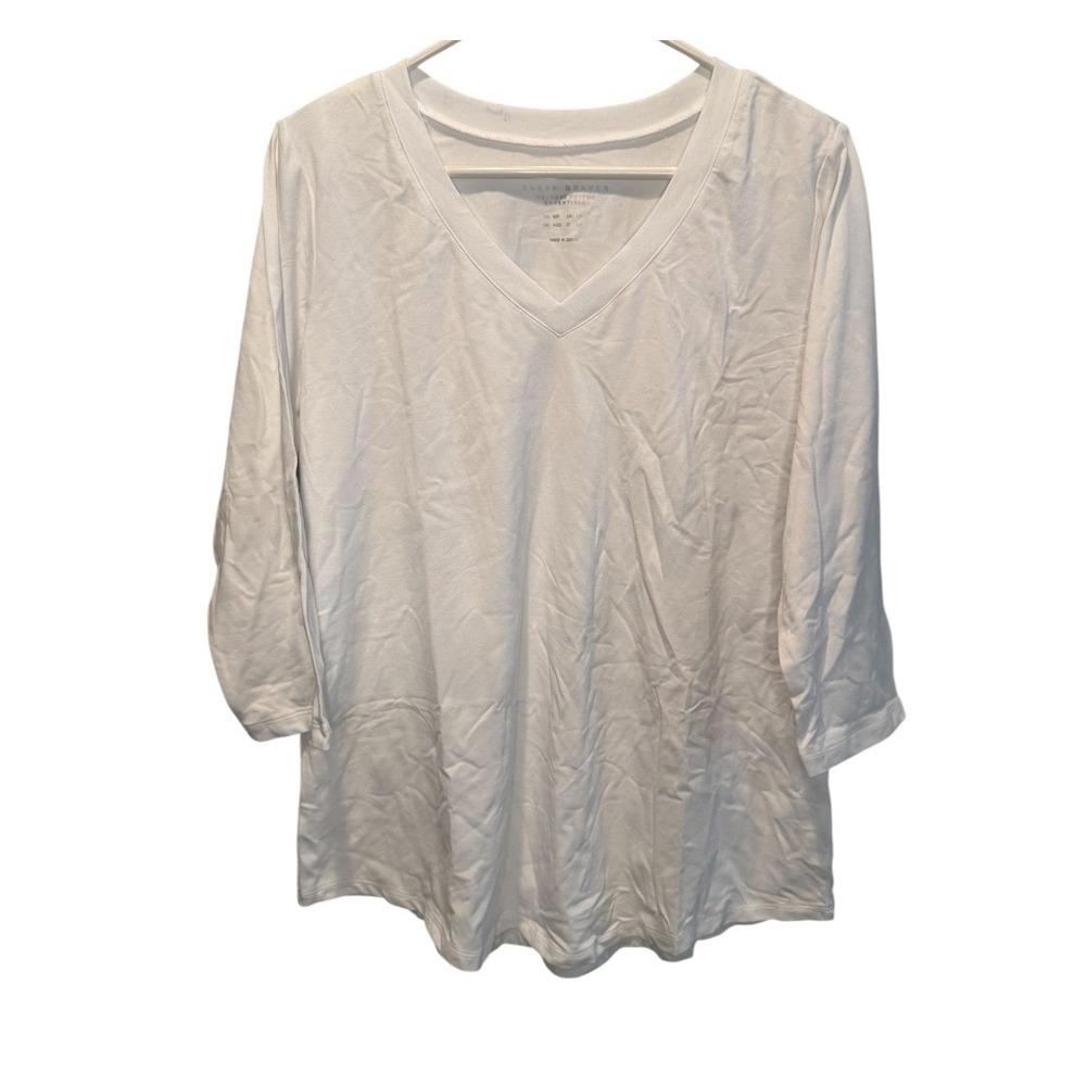 Susan Graver Weekend Cotton Essentials White V-Neck 3/4 Sleeve Top MP NEW